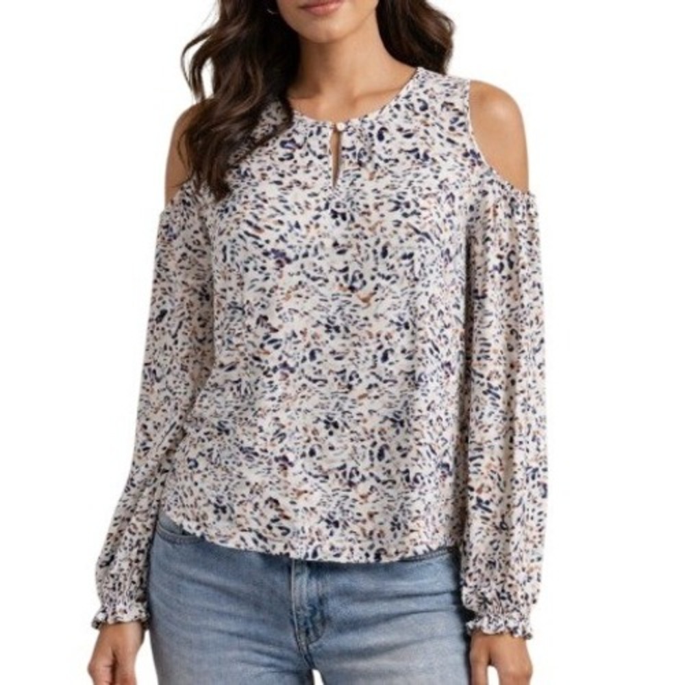 Hale Bob Top Womens M White Blue Animal Print Cold Shoulder Coastal Boho Blouse